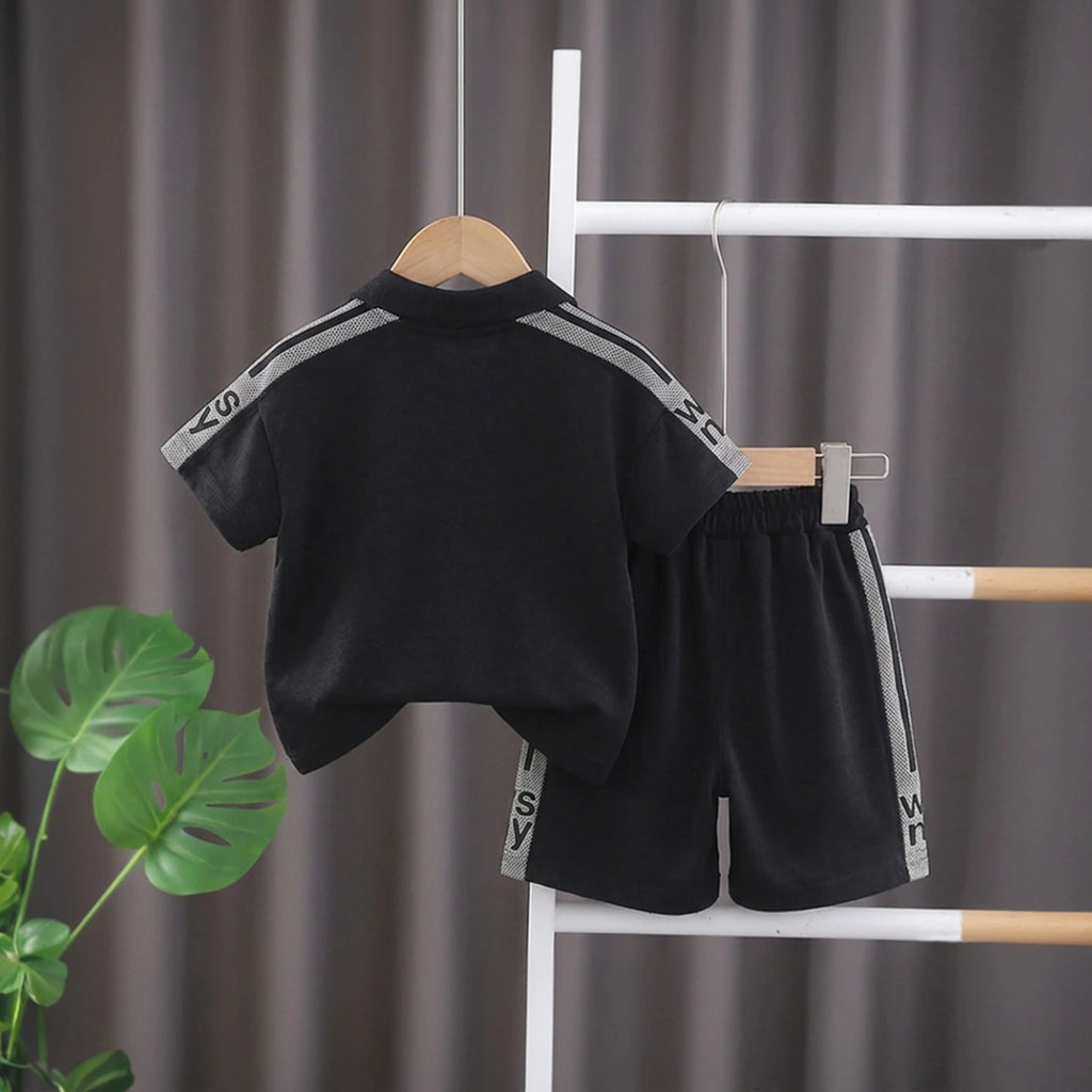 Boys Black Typographic Printed Short Sleeve Polo T-Shirt With Shorts Sets 2 pc. Sets