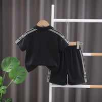 Boys Black Typographic Printed Short Sleeve Polo T-Shirt With Shorts Sets 2 pc. Sets