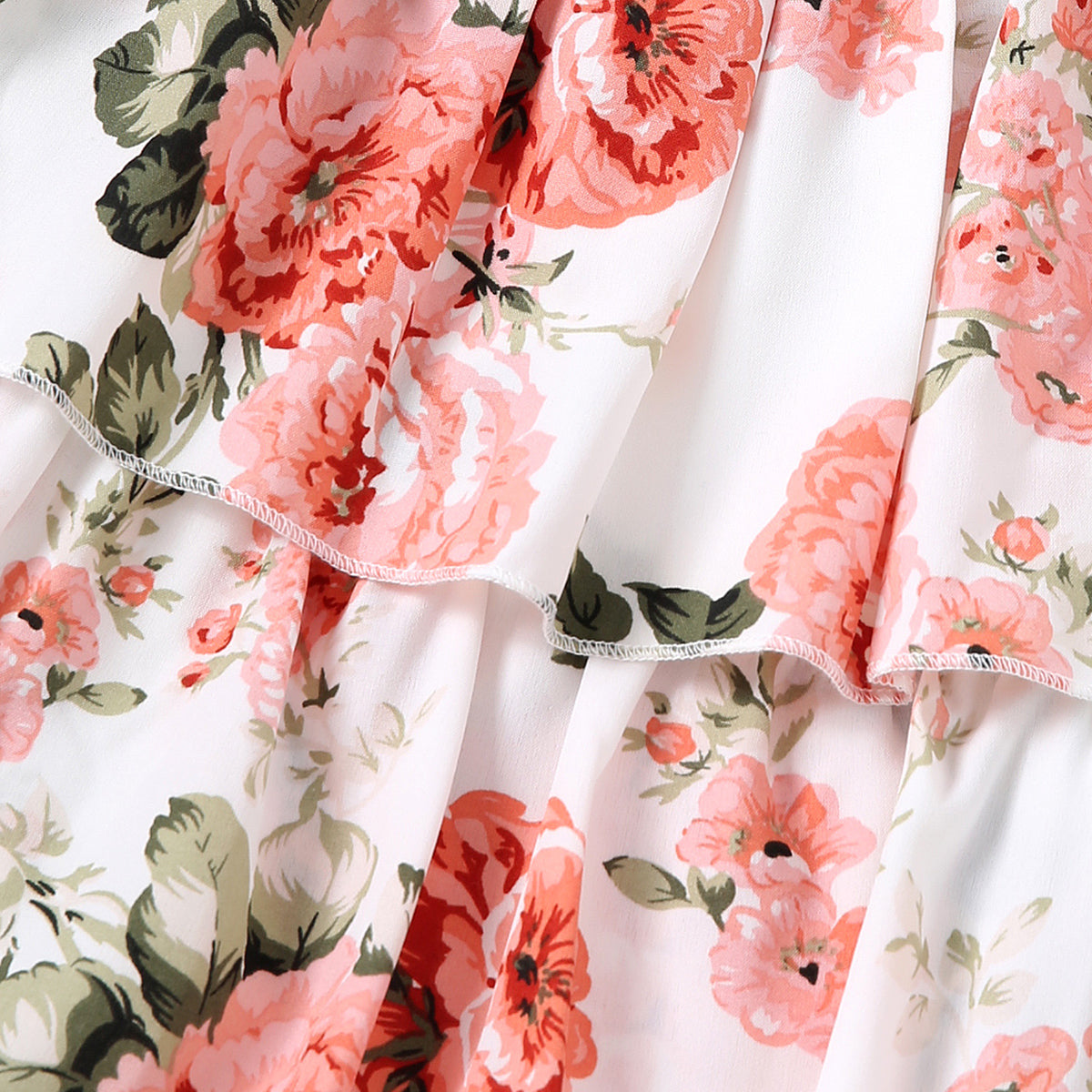 Girls White Floral Printed Puff Sleeves Dress Casual Dresses