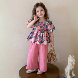 Girls Pink Floral Print Puff Sleeve Top With Pants Sets Sets Pink 1-2 Y
