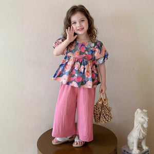 Girls Pink Floral Print Puff Sleeve Top With Pants Sets Sets Pink 1-2 Y