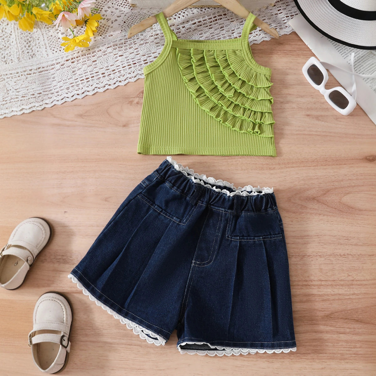 Girls Green Ruffle Crop Top With Denim Shorts Set Sets Green 3-4 Y