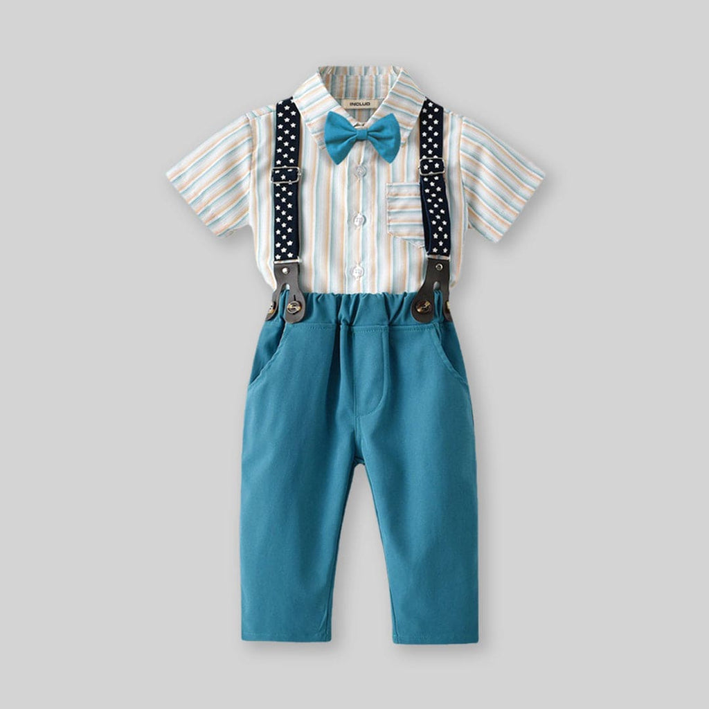 Boys Striped Shirt With Bow & Suspender Trousers Set