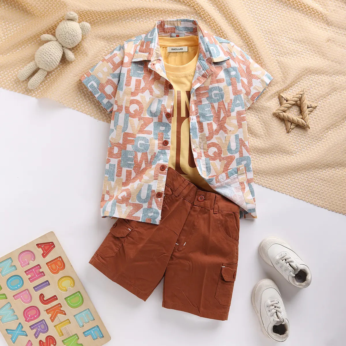 Boys Brown Typographic Shirt With Printed T-Shirt And Twill Shorts Sets 3 pc. Sets Brown 9-12 M