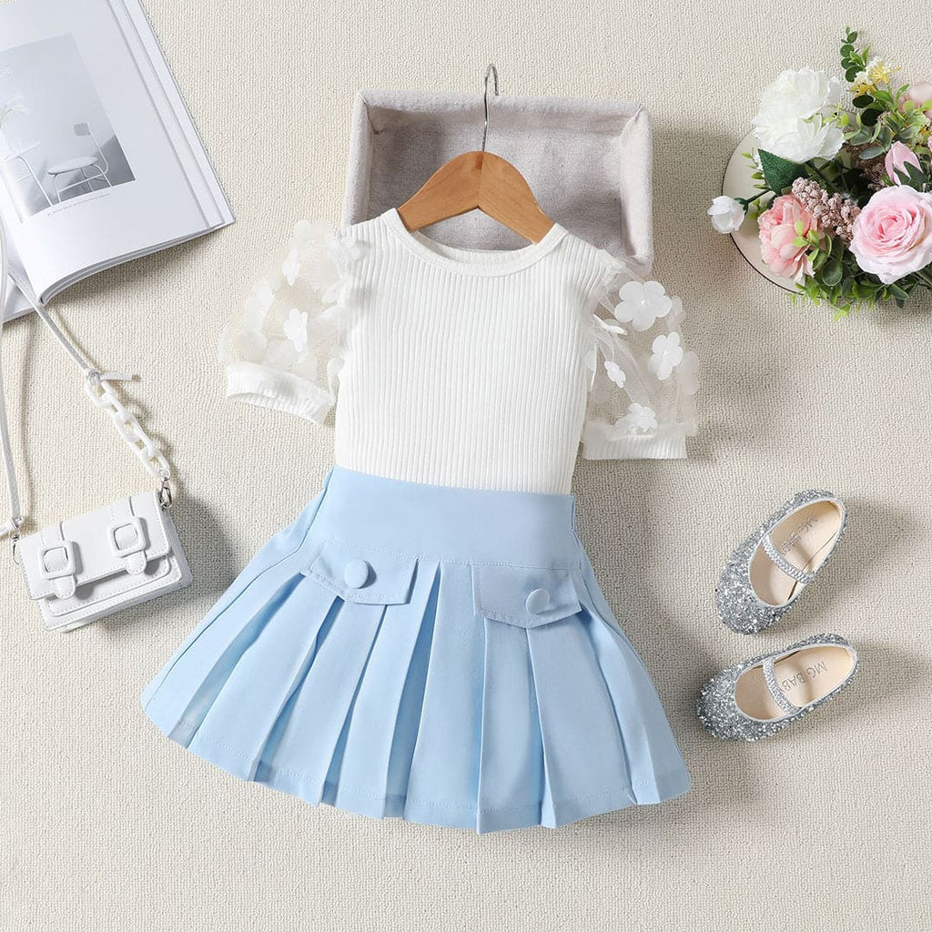 Girls Puff Sleeves Top With Pleated Skirt Set