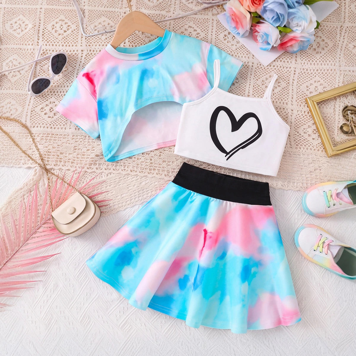 Girls Multicolour Tie & Dye Print Shrug With Cami Top & Skirt Sets 3 pc. Sets Multicolor 3-4 Y