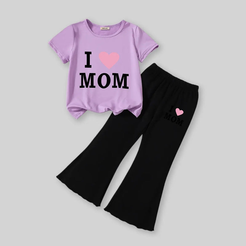 Girls Purple Typographic Printed T-Shirt With Flared Pants Sets Sets