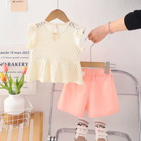 Girls Flutter Sleeves Textured Peplum Top With Pink Shorts Set 2 pc. Sets