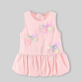Girls Pink Butterfly Applique Flounce Hem A-line Dress Casual Dresses