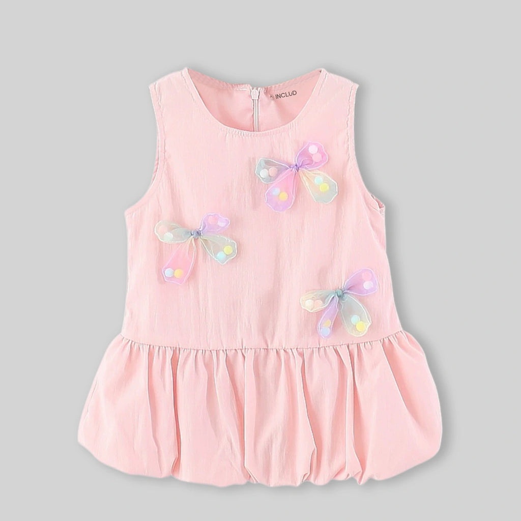Girls Pink Butterfly Applique Flounce Hem A-line Dress Casual Dresses