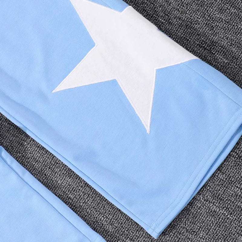Girls Blue Star Embroidered Hooded Zipper Sweatshirt With Jogger Sets Sets
