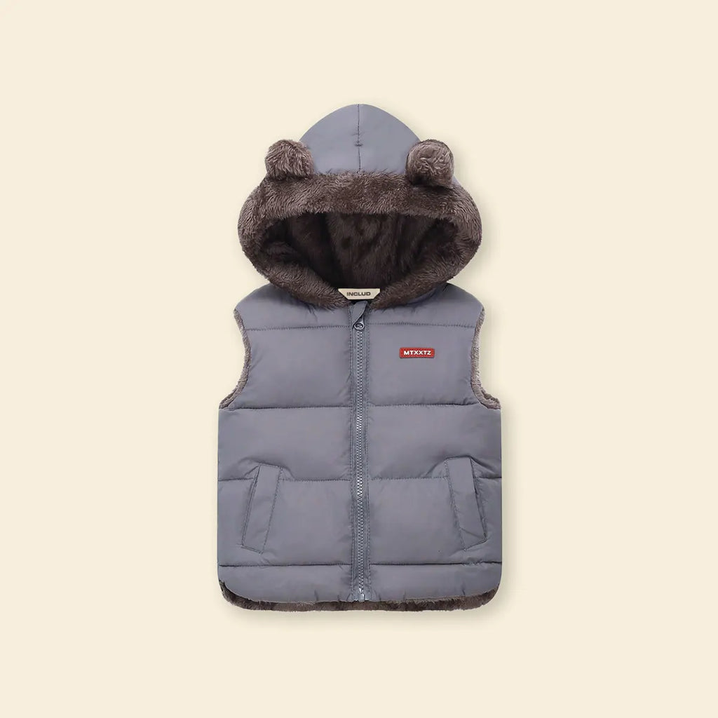 Boys Grey Sleeveless Hooded Puffer Vest With Faux-fur Trim Coats & Jackets