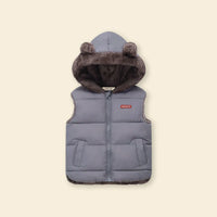 Boys Grey Sleeveless Hooded Puffer Vest With Faux-fur Trim Coats & Jackets