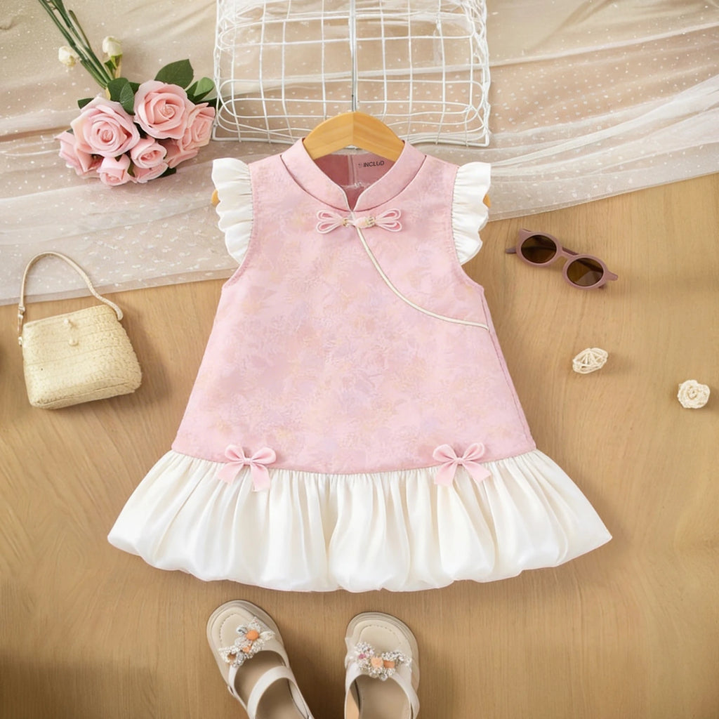 Girls Pink Mandarin Collar A-Line Dress With Bow Details Casual Dresses Pink 1-2 Y