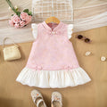 Girls Pink Mandarin Collar A-Line Dress With Bow Details Casual Dresses Pink 1-2 Y