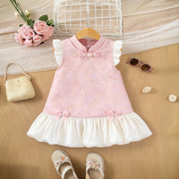 Girls Pink Mandarin Collar A-Line Dress With Bow Details Casual Dresses Pink 1-2 Y