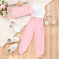 Girls Pink Printed Crop Top with Joggers and Tank Top Set Sets