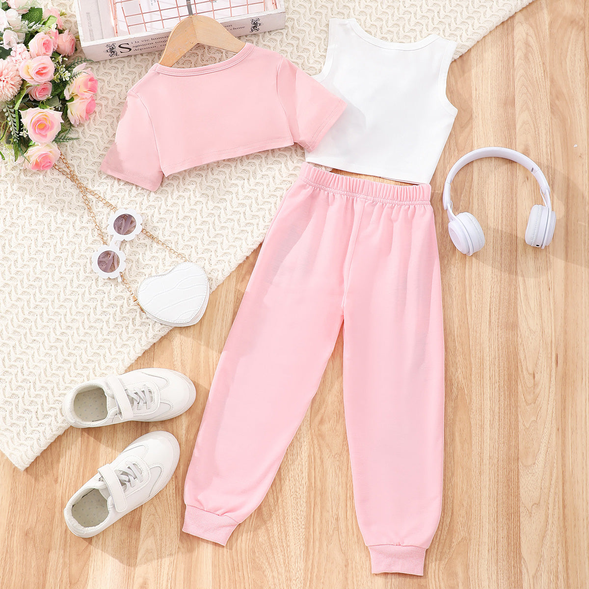 Girls Pink Printed Crop Top with Joggers and Tank Top Set Sets