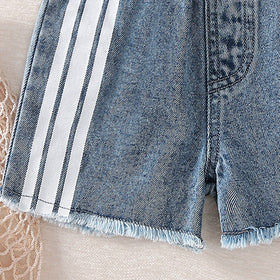 Girls Blue Striped Denim Shorts Shorts