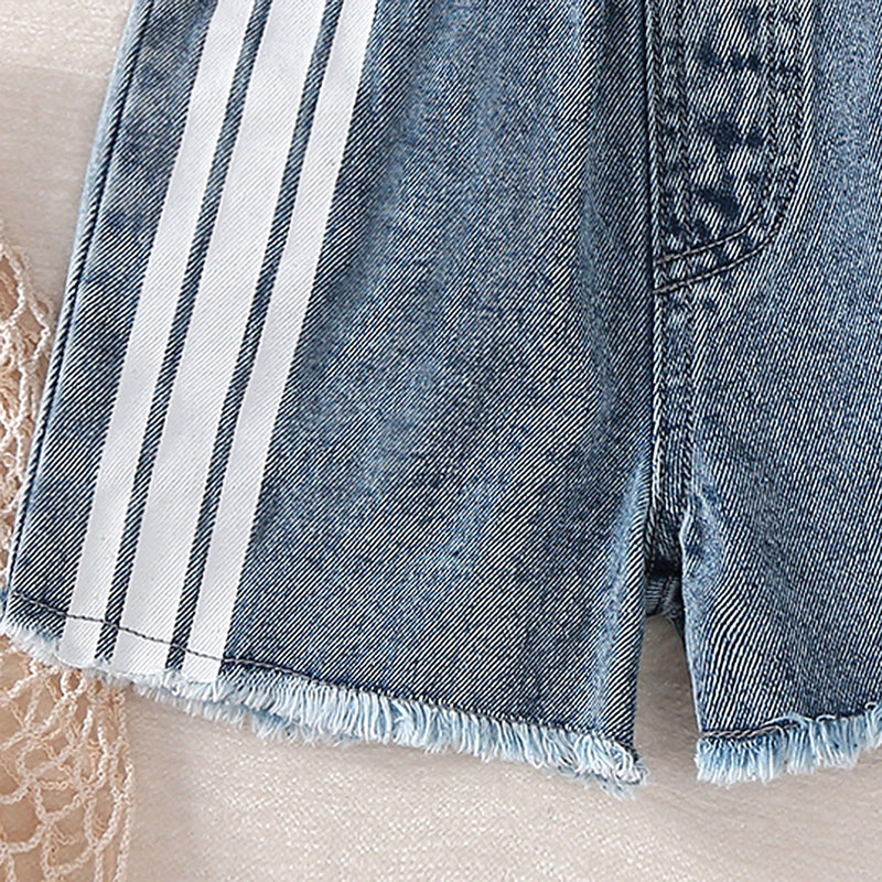 Girls Blue Striped Denim Shorts Shorts