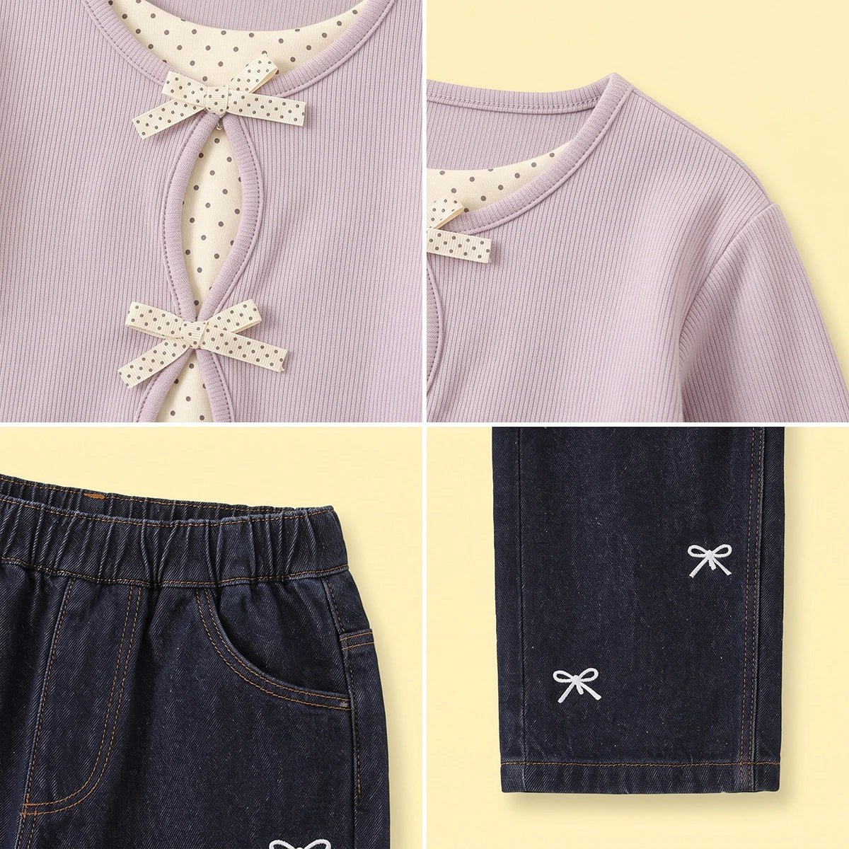 Girls Purple Polka Dot Printed Top With Denim Pants Sets Sets