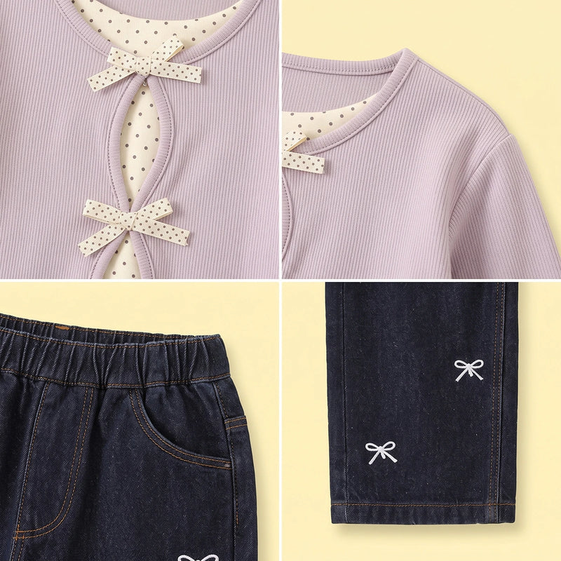 Girls Purple Polka Dot Printed Top With Denim Pants Sets Sets