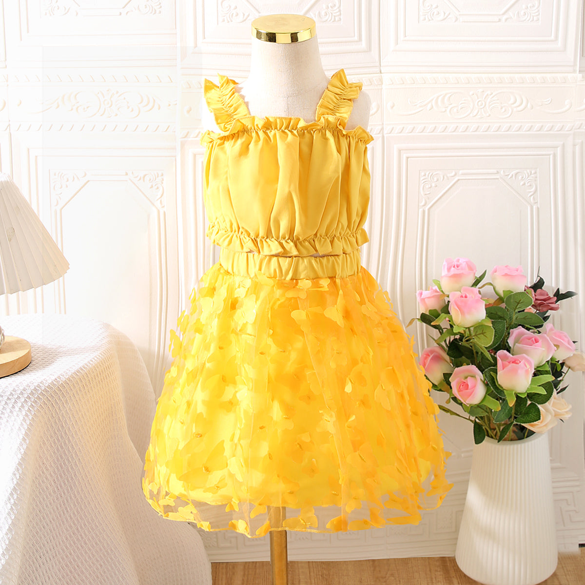 Girls Yellow Shoulder Strap Crop Top With Butterfly Applique Skirt Set 2 pc. Sets