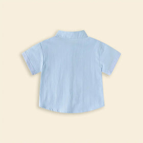 Boys Light Blue Solid Mandarin Collar Shirt With Stripes Patch Pocket Shirts