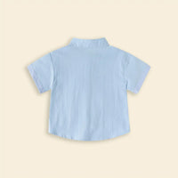 Boys Light Blue Solid Mandarin Collar Shirt With Stripes Patch Pocket Shirts