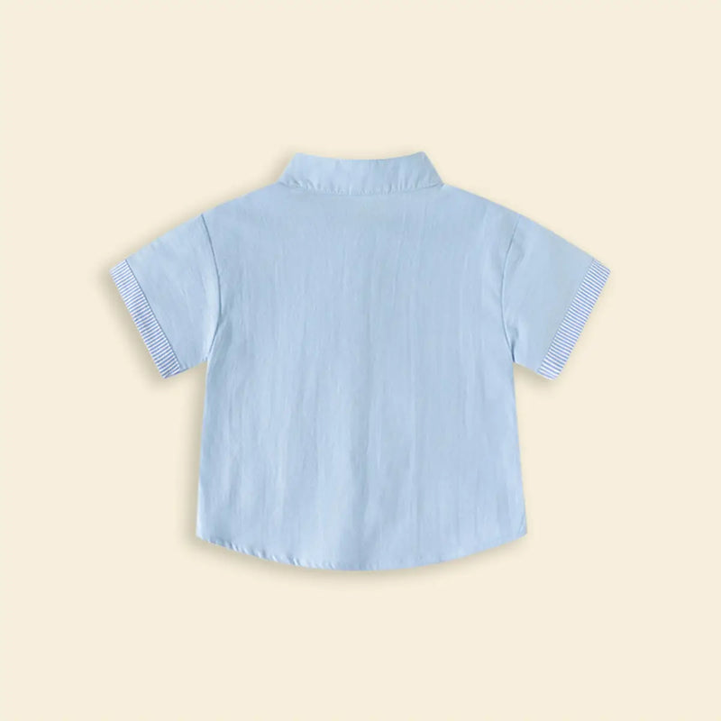 Boys Light Blue Solid Mandarin Collar Shirt With Stripes Patch Pocket Shirts