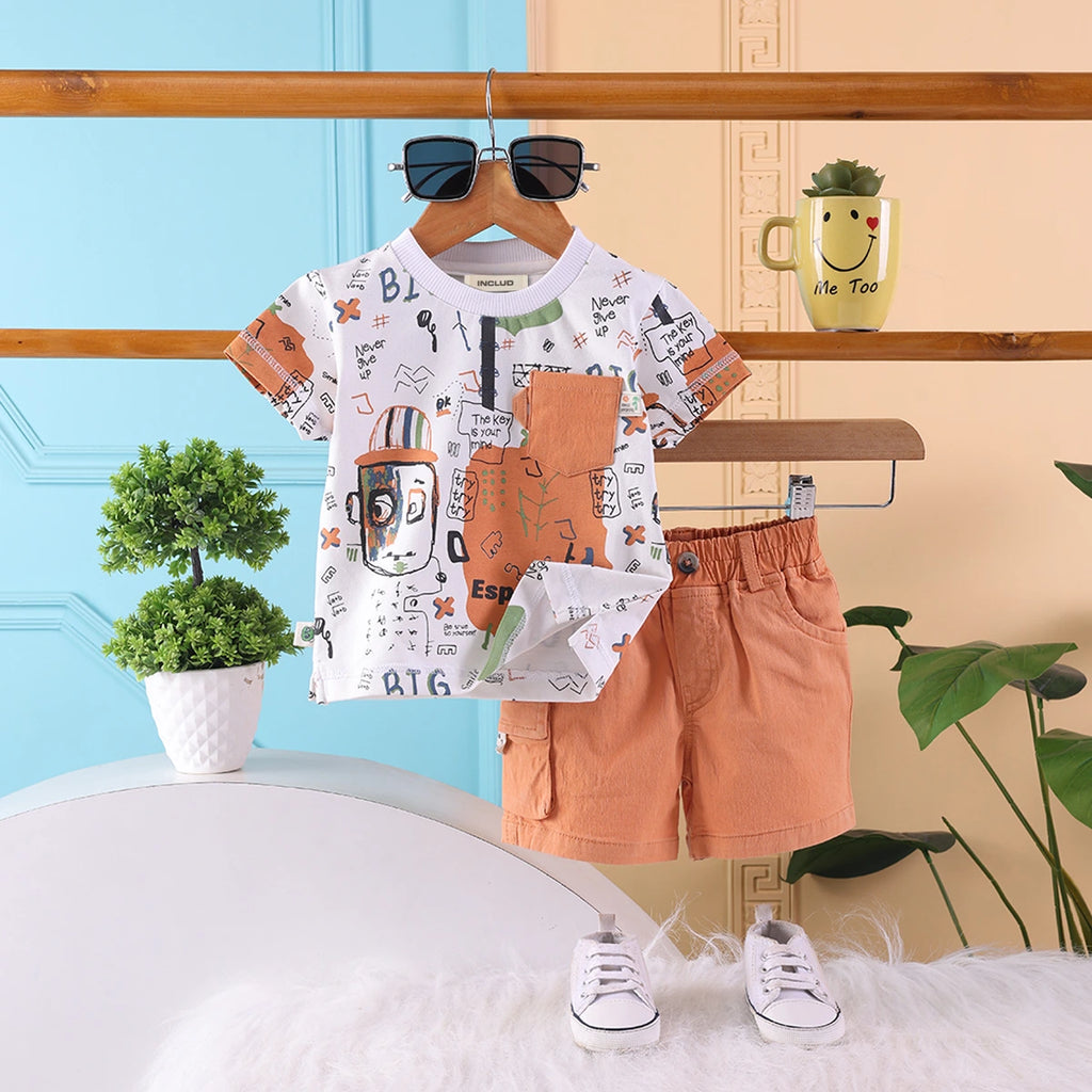 Boys Brown Typographic Printed T-Shirt With Twill Shorts Sets 2 pc. Sets Brown 3-6 M