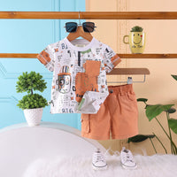 Boys Brown Typographic Printed T-Shirt With Twill Shorts Sets 2 pc. Sets Brown 3-6 M