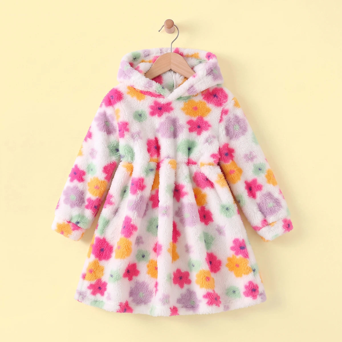 Girls Multicolor Floral Print Hooded Fleece Dress Casual Dresses Multicolor 3-4 Y