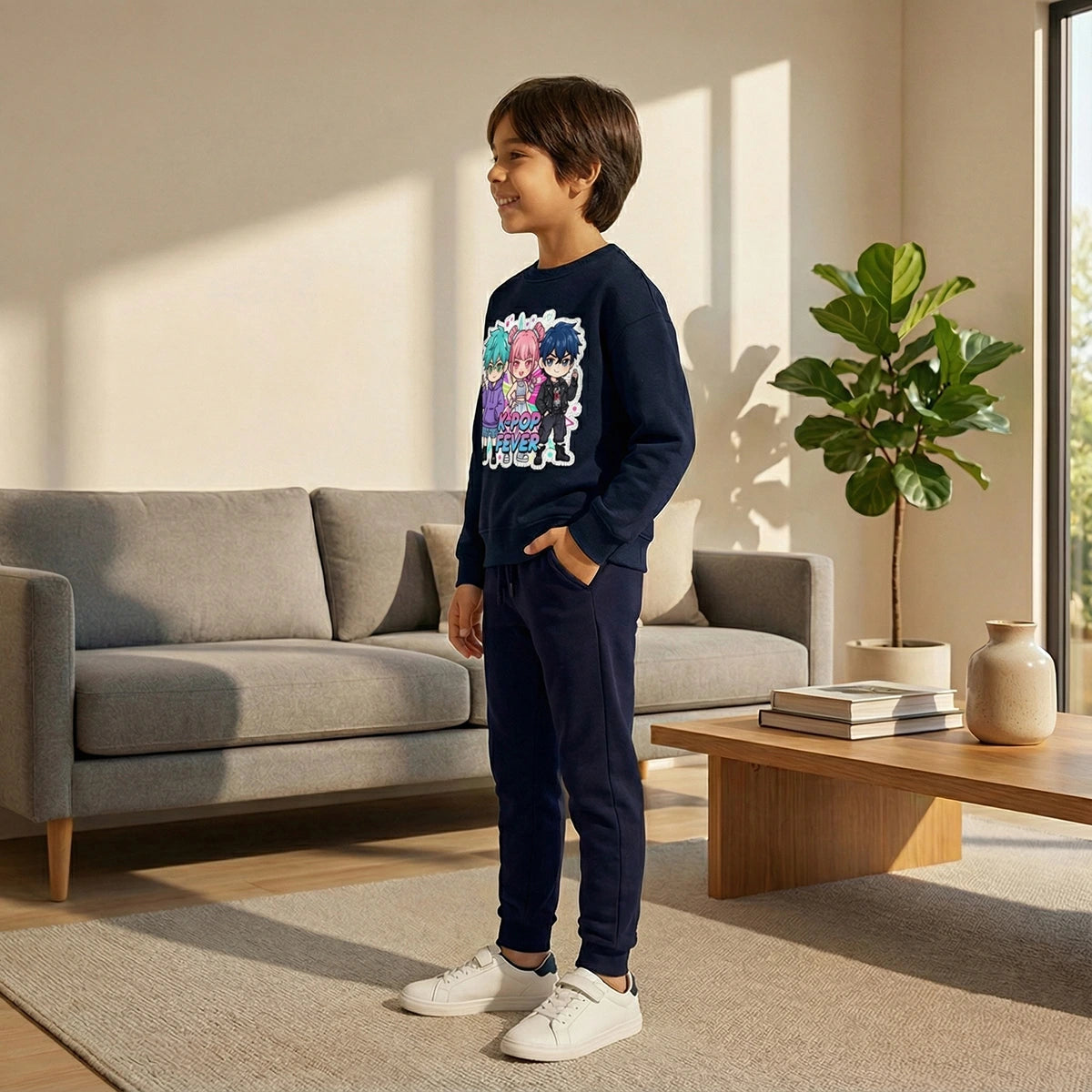 Boys Navy Blue K-Pop Fever Graphics Sweatshirt With Jogger Co-ord Sets Sets