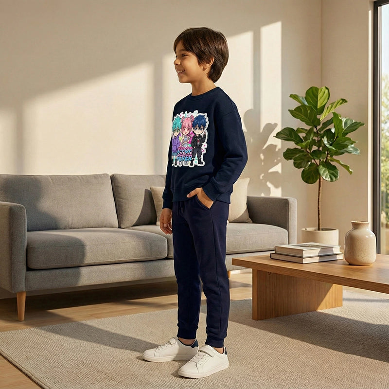 Boys Navy Blue K-Pop Fever Graphics Sweatshirt With Jogger Co-ord Sets Sets