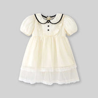 Girls Peter Pan Puff Sleeves Fit & Flare Tulle Overlay Dress Casual Dresses   