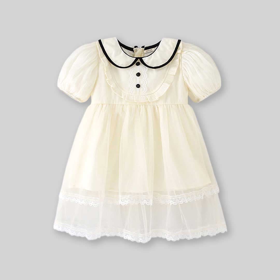 Girls Peter Pan Puff Sleeves Fit & Flare Tulle Overlay Dress Casual Dresses   