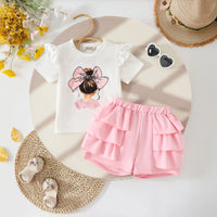 Girls Graphics Short Sleeves Top With Pink Ruffled Shorts Set Sets Pink 3-4 Y