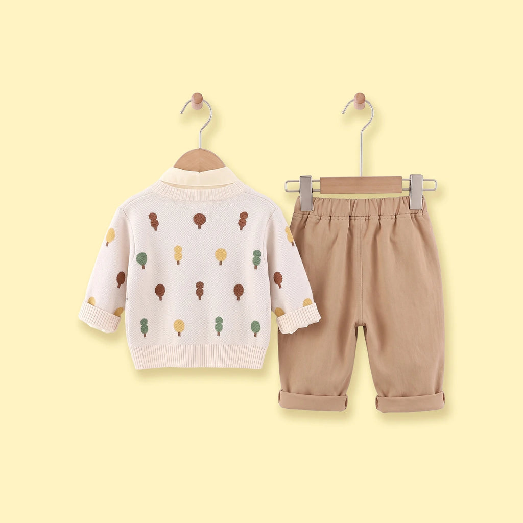 Boys Off White Jacquard Cardigan With Shirt And Pants Sets 3 pc. Sets