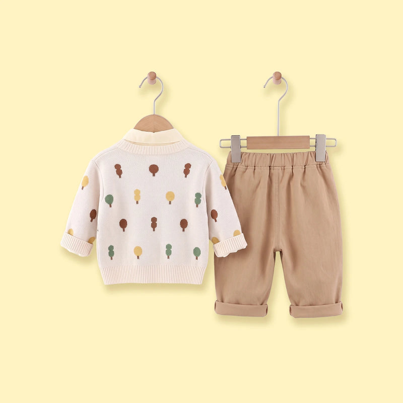 Boys Off White Jacquard Cardigan With Shirt And Pants Sets 3 pc. Sets