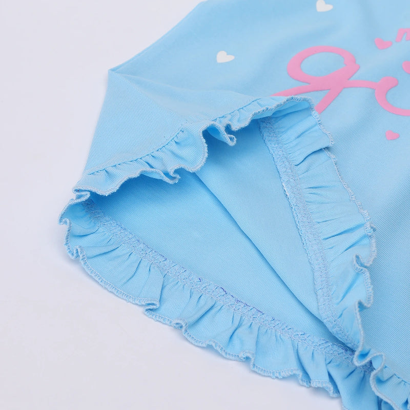 Girls Sky Blue Heart Printed Top With Matching Shorts Sets Sets
