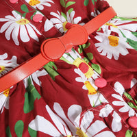 Girls Maroon Floral Printed Shirt Dress With Belt Casual Dresses