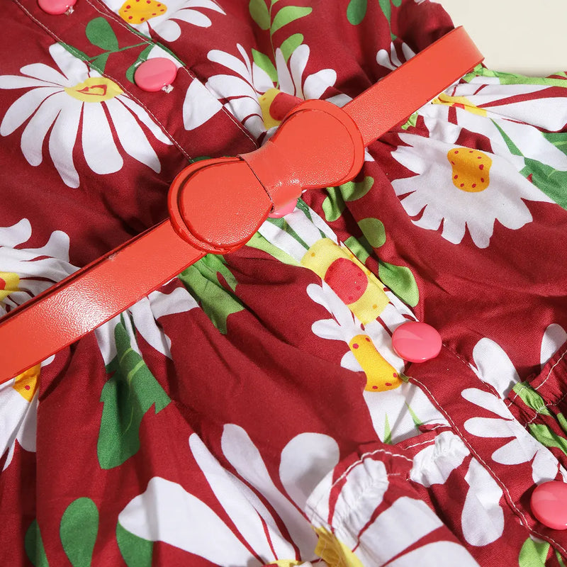 Girls Maroon Floral Printed Shirt Dress With Belt Casual Dresses