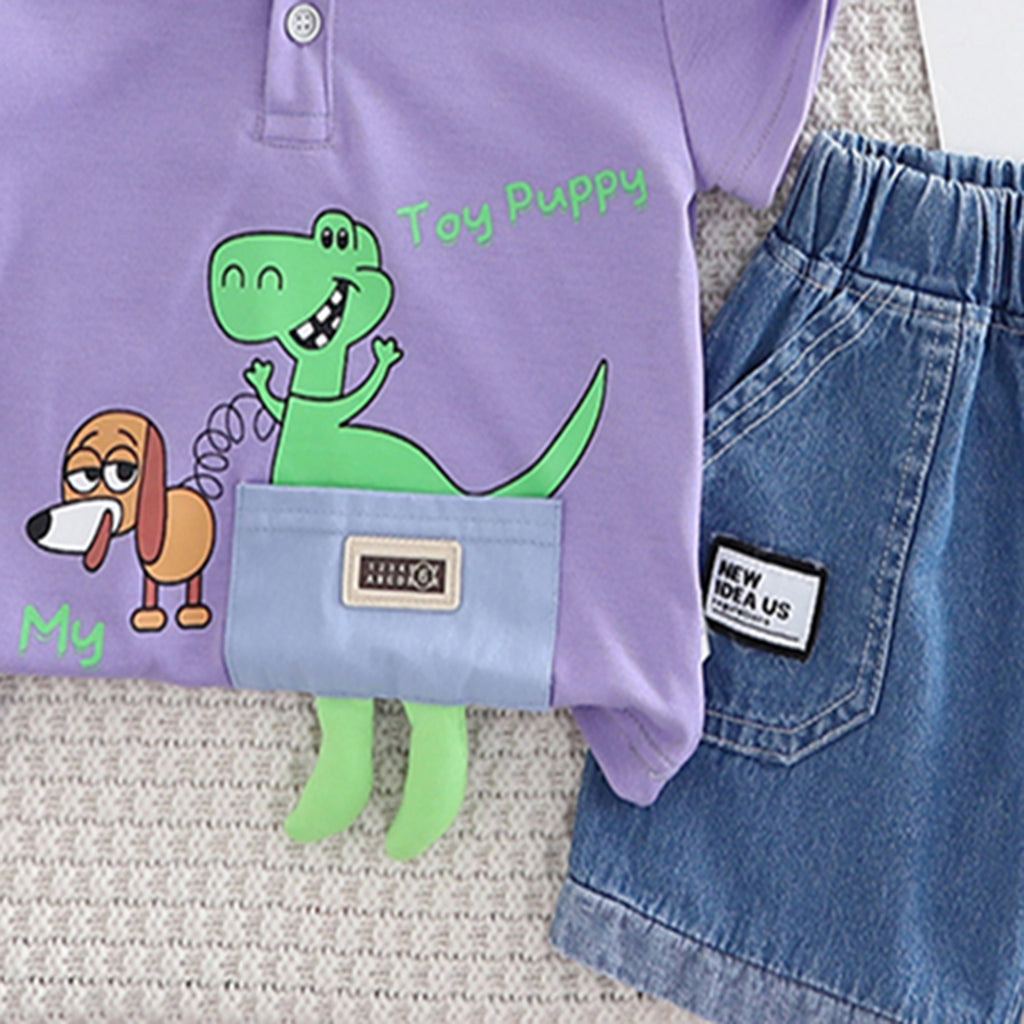 Boys Purple Graphic Short Sleeves Polo T-Shirt With Denim Shorts Set 2 pc. Sets
