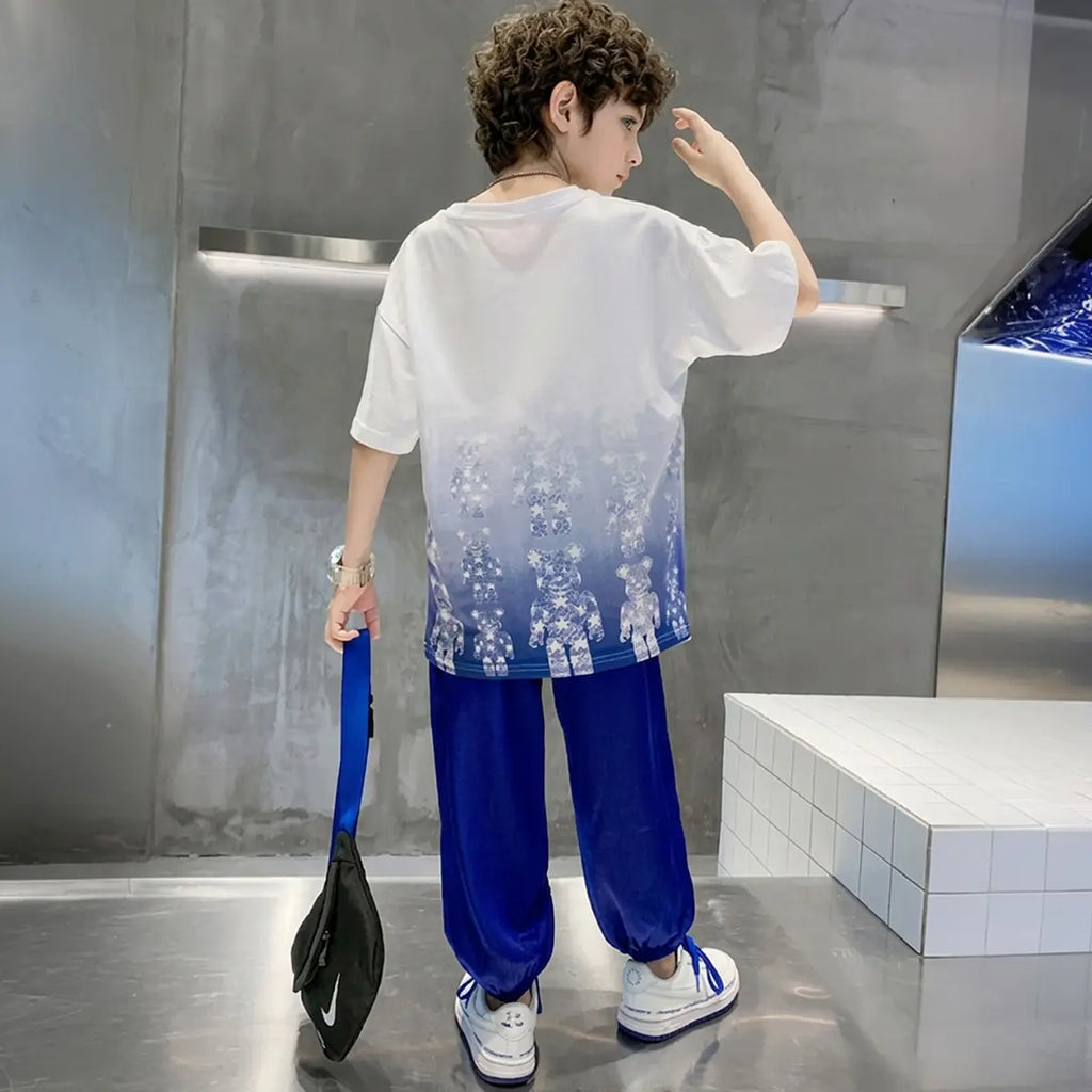 Boys Blue Bear Print Drop Shoulder T-Shirt With Jogger Sets Sets