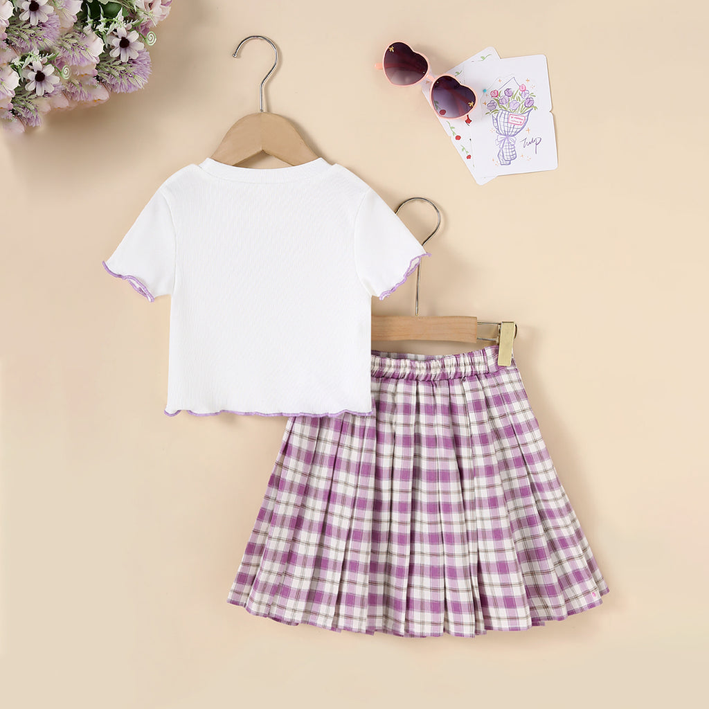 Girls Pink Butterfly Applique Short Sleeves T-Shirt With Pleated Skirt Set 2 pc. Sets