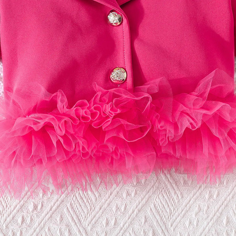 Girls Fuchsia Embellished Lapel Collar Blazer Top With Skirt Co-ord Sets Sets