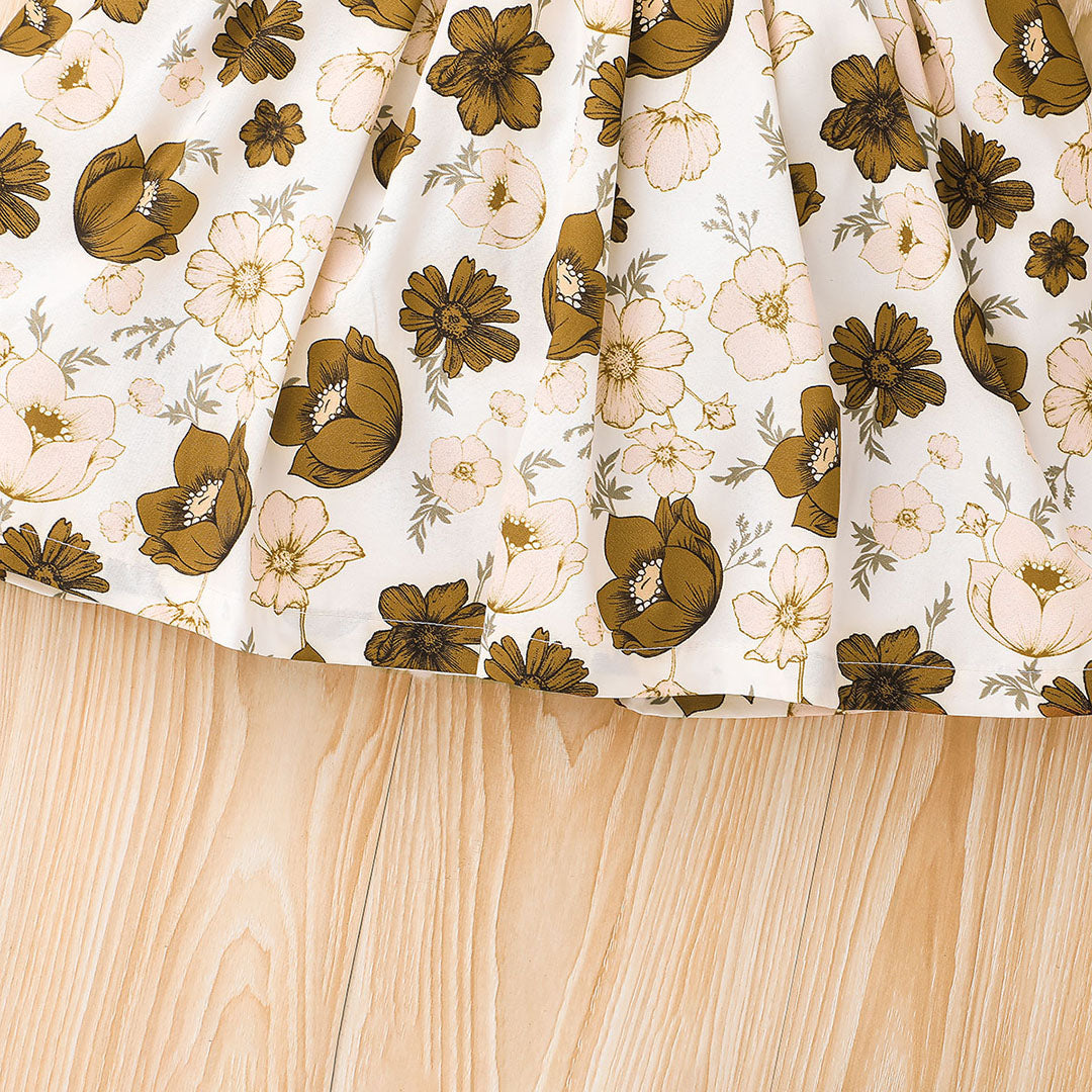 Girls Brown Flared Sleeve Floral Printed Fit & Flare Dress Casual Dresses