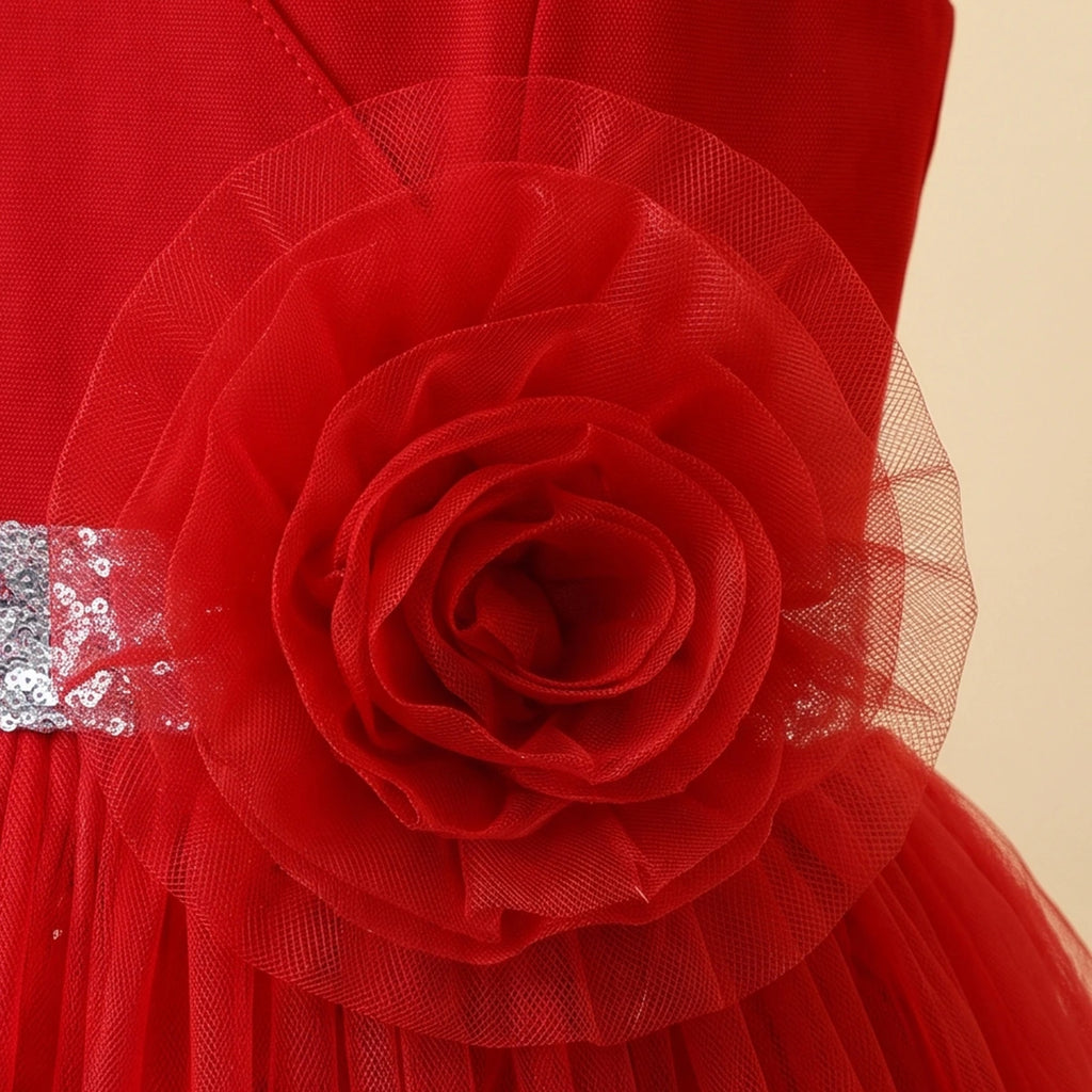 Girls Red Floral Applique Fit & Flare Party Dress Party Dresses
