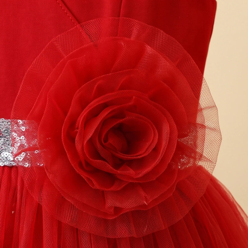 Girls Red Floral Applique Fit & Flare Party Dress Party Dresses